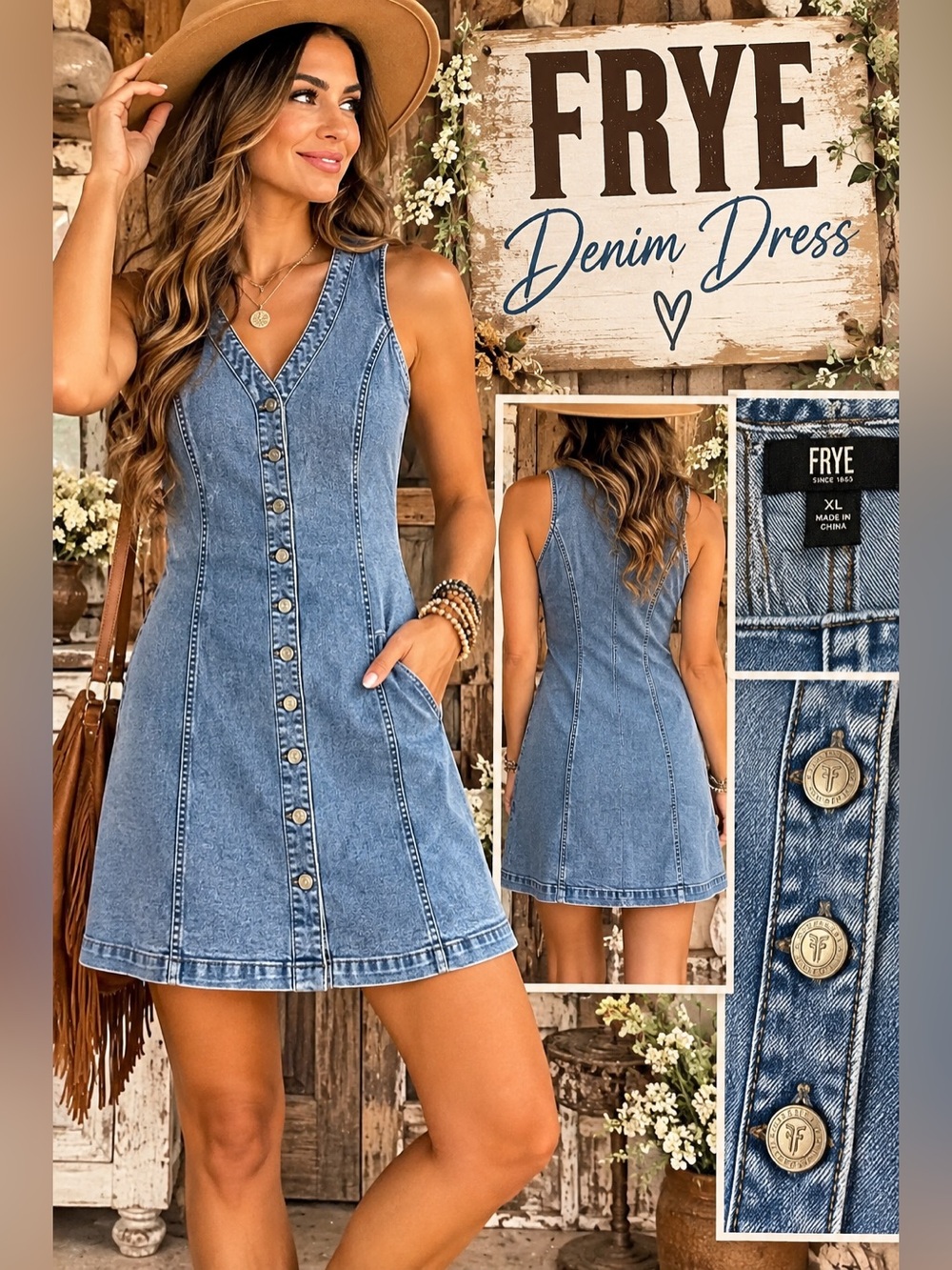 FRYE Light Blue Denim Button-Front V-Neck Dress